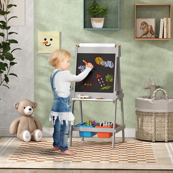 AIYAPLAY 3v1 dětská tabule, oboustranný dětský easel s tabulí na křídu, bílou tabulí, easel s mazacím nástrojem, kreslicím papírem a úložnými boxy pro