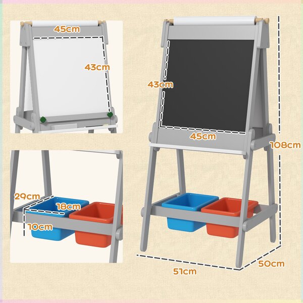 AIYAPLAY 3v1 dětská tabule, oboustranný dětský easel s tabulí na křídu, bílou tabulí, easel s mazacím nástrojem, kreslicím papírem a úložnými boxy pro