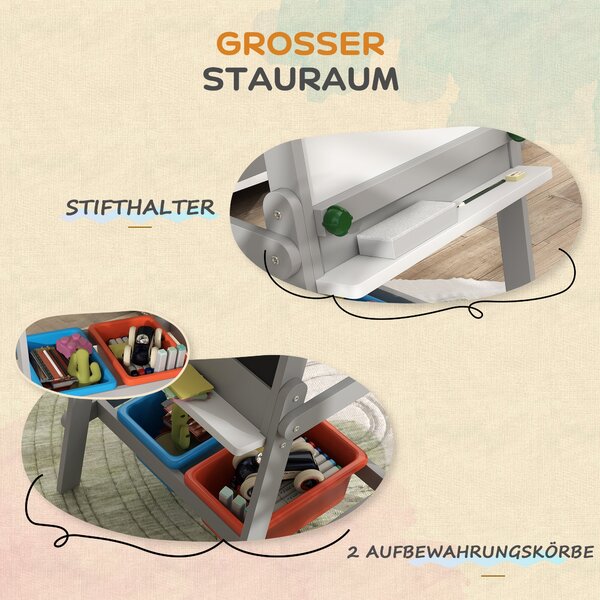 AIYAPLAY 3v1 dětská tabule, oboustranný dětský easel s tabulí na křídu, bílou tabulí, easel s mazacím nástrojem, kreslicím papírem a úložnými boxy pro