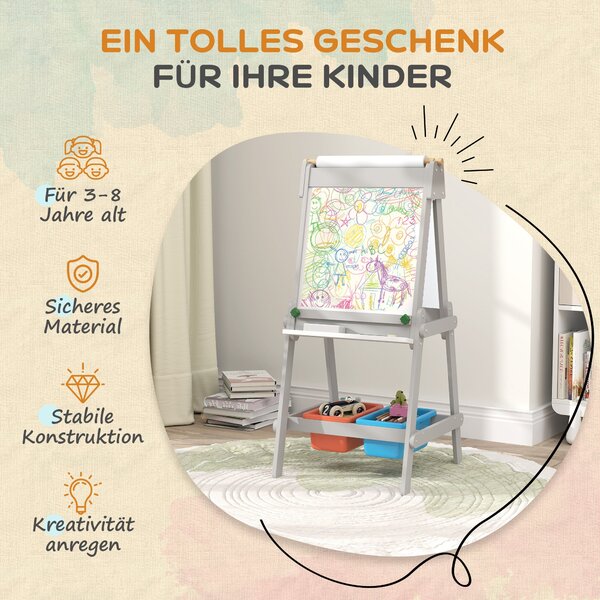 AIYAPLAY 3v1 dětská tabule, oboustranný dětský easel s tabulí na křídu, bílou tabulí, easel s mazacím nástrojem, kreslicím papírem a úložnými boxy pro