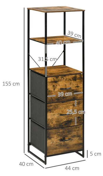 HOMCOM Úložný kabinet s látkovými zásuvkami, 3 zásuvky, skříň s ocelovým rámem pro ložnici a obývací pokoj, rustikální hnědá | Aosom
