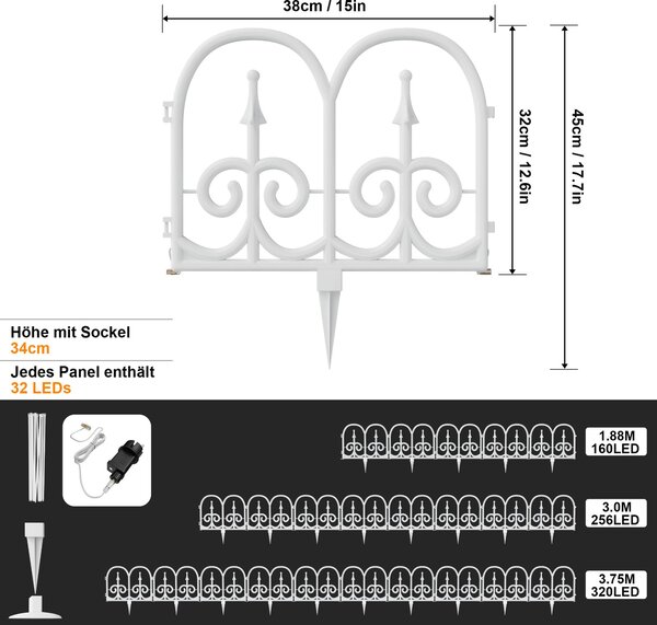 LILIIN, osvětlený plot, vlnitý plastový, s dekorativními hranami, bílý PVC, LED, vánoční, plot do zahrady, 1,88 m, 160 LED