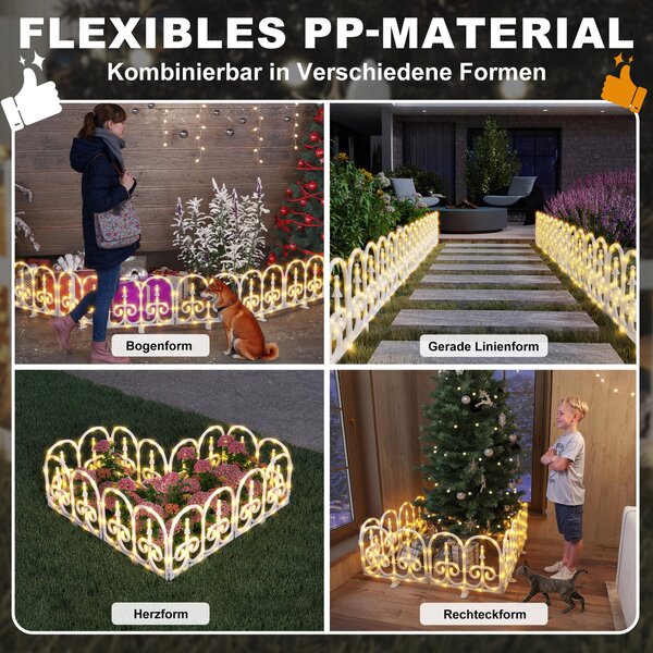 LILIIN, osvětlený plot, vlnitý plastový, s dekorativními hranami, bílý PVC, LED, vánoční, plot do zahrady, 1,88 m, 160 LED
