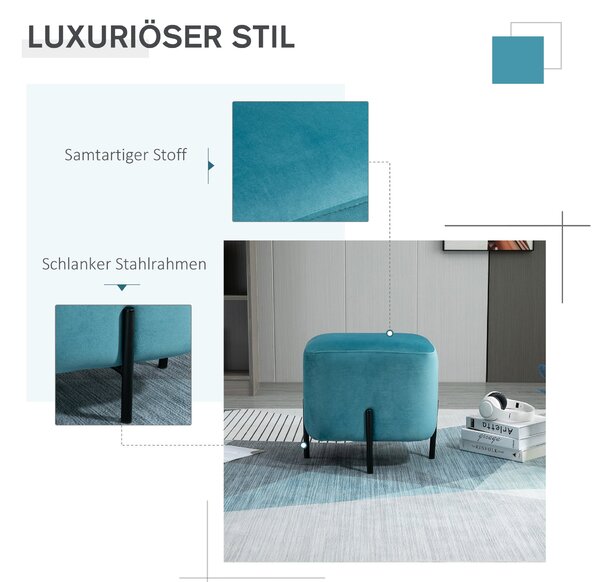 HOMCOM Polstrovaný Sametový Taburet s Úložným Prostorem Polyester Ocel Pěna Tyrkysová 44,5 x 44,5 x 41,5 cm | Aosom