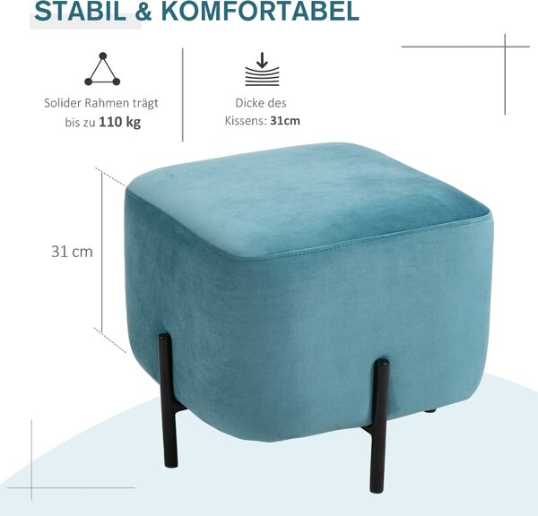 HOMCOM Polstrovaný Sametový Taburet s Úložným Prostorem Polyester Ocel Pěna Tyrkysová 44,5 x 44,5 x 41,5 cm | Aosom