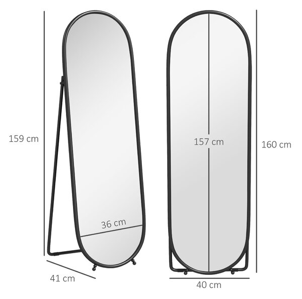 HOMCOM Zrcadlo v plné výšce, 160 x 40 cm nástěnné zrcadlo s podstavcem, kovový rám, oválné podlahové zrcadlo pro obývací pokoj a ložnici, černé | Aoso