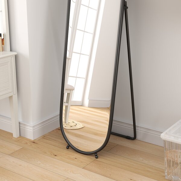 HOMCOM Zrcadlo v plné výšce, 160 x 40 cm nástěnné zrcadlo s podstavcem, kovový rám, oválné podlahové zrcadlo pro obývací pokoj a ložnici, černé | Aoso