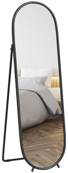 HOMCOM Zrcadlo v plné výšce, 160 x 40 cm nástěnné zrcadlo s podstavcem, kovový rám, oválné podlahové zrcadlo pro obývací pokoj a ložnici, černé | Aoso