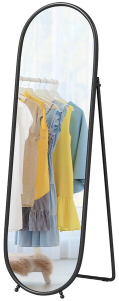 HOMCOM Zrcadlo v plné výšce, 160 x 40 cm nástěnné zrcadlo s podstavcem, kovový rám, oválné podlahové zrcadlo pro obývací pokoj a ložnici, černé | Aoso