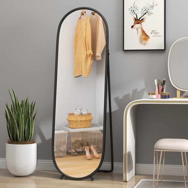 HOMCOM Zrcadlo v plné výšce, 160 x 40 cm nástěnné zrcadlo s podstavcem, kovový rám, oválné podlahové zrcadlo pro obývací pokoj a ložnici, černé | Aoso