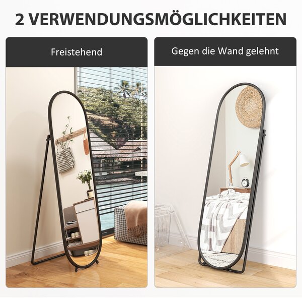 HOMCOM Zrcadlo v plné výšce, 160 x 40 cm nástěnné zrcadlo s podstavcem, kovový rám, oválné podlahové zrcadlo pro obývací pokoj a ložnici, černé | Aoso