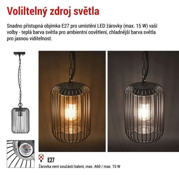 EMOS Černý zahradní závěsný lustr Salvia pro žárovku E27 ZGD070P