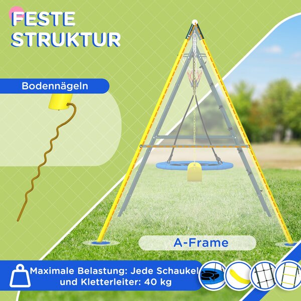 Outsunny Dětská Houpačka 4 v 1, Rám na Houpačky s 2 Houpacími Sedadly, Koš na Basketbal, Lezecký Žebřík, Zahradní Houpačka pro Děti ve Věku 3-8 Let, O