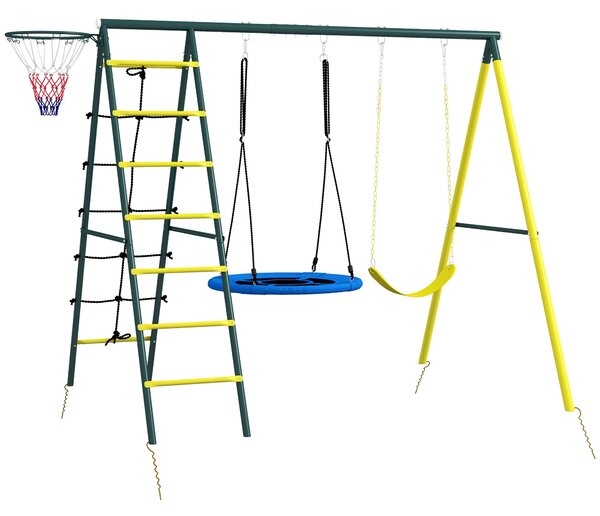Outsunny Dětská Houpačka 4 v 1, Rám na Houpačky s 2 Houpacími Sedadly, Koš na Basketbal, Lezecký Žebřík, Zahradní Houpačka pro Děti ve Věku 3-8 Let, O