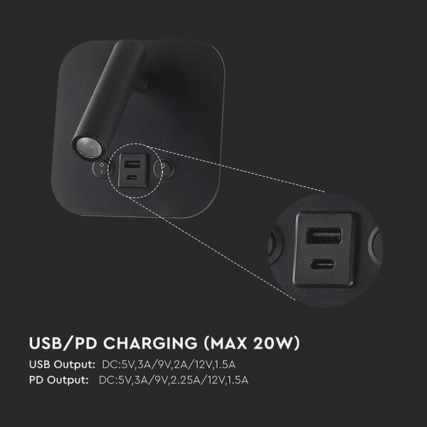 LED Solution Černé nástěnné LED svítidlo s USB/PD nabíjením 8W 240036