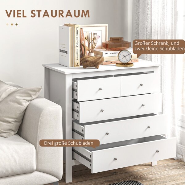 HOMCOM Komoda s 5 zásuvkami - Moderní úložná skříňka pro obývací pokoj, ložnici a chodbu, bílá, 79 x 39,5 x 80,5 cm | Aosom