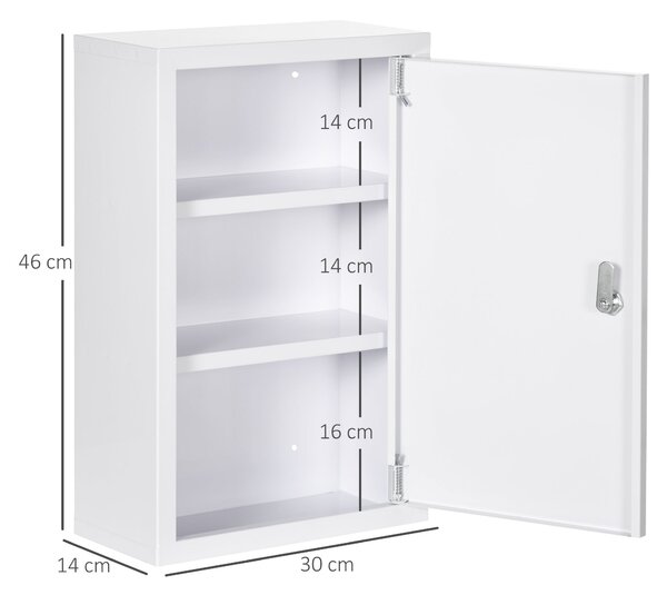 Kleankin Lékárnička, Skříňka na Lékárničku se 3 Přihrádkami, Uzamykatelná Skříňka na První Pomoc se 2 Klíči, Ocel, Bílá, 30 x 14 x 46 cm | Aosom