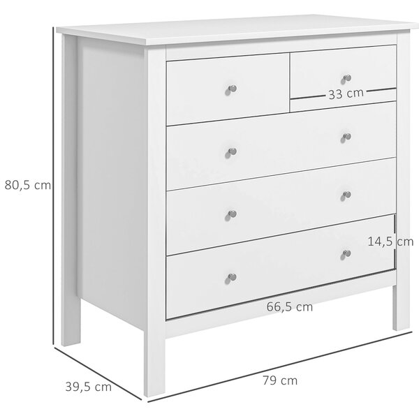 HOMCOM Komoda s 5 zásuvkami - Moderní úložná skříňka pro obývací pokoj, ložnici a chodbu, bílá, 79 x 39,5 x 80,5 cm | Aosom