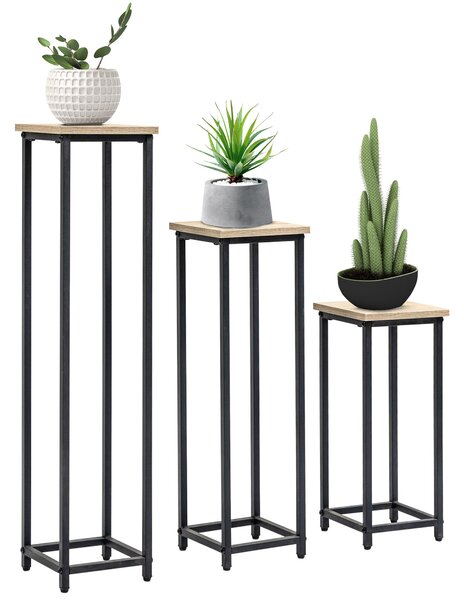 Outsunny Sada květinových stojanů 3 ks, 50/70/90 cm vysoké, stohovatelné pro interiér i exteriér, ocelový stojan na rostliny do obývacího pokoje, zahr