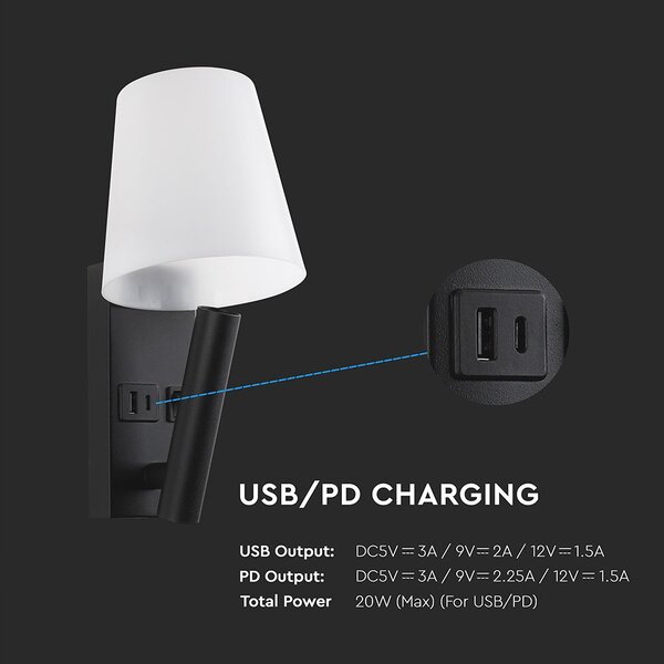 LED Solution Černé nástěnné LED svítidlo s USB/PD nabíjením 2W 240016