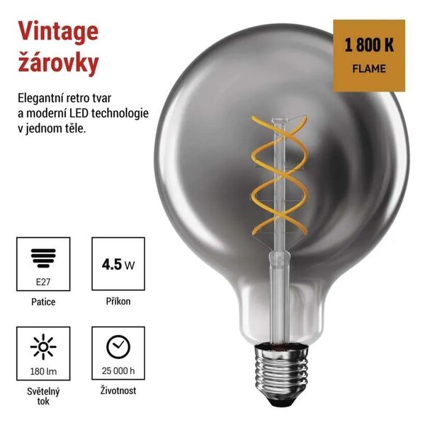 EMOS LED žárovka Filament kouřová G125 4,5W E27 Z58311