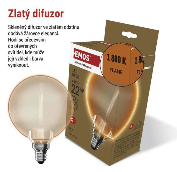 EMOS LED žárovka Filament jantar G130 4W E27 Z5BO11