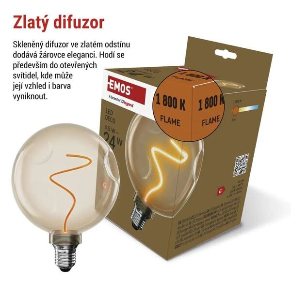 EMOS LED žárovka Filament jantar G125 4,5W E27 Z50B11