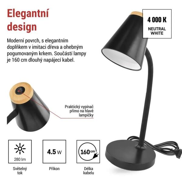 EMOS Černá LED stolní lampička Tara 4,5W Z7641B