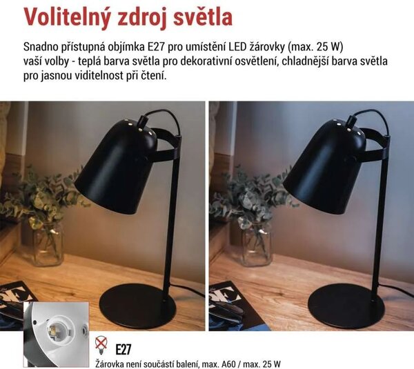 EMOS Černá stolní lampa Nina pro žárovku E27 Z7642B