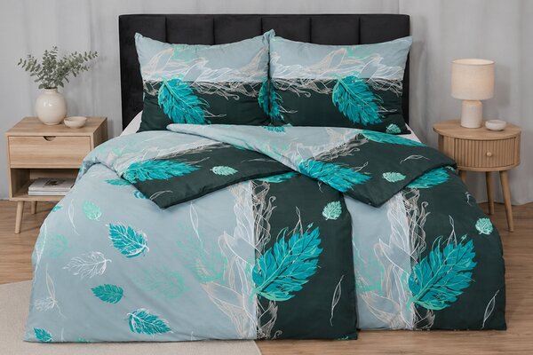 Povlecení mikrosatén prodloužené BILA tyrkysové 140x220 cm listy
