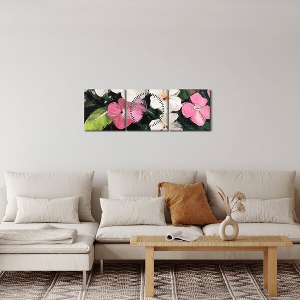 Obraz - Růžové a bílé květy (s hodinami) (90x30 cm)