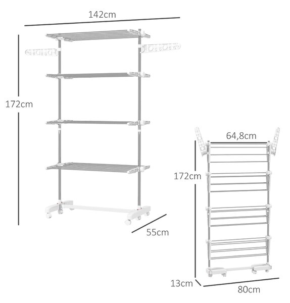 HOMCOM Sušák na prádlo Tower s 4 úrovněmi, skládací křídla, kolečka, sušák na prádlo pro vnitřní a venkovní použití, 142 x 55 x 172 cm, Bílá | Aosom