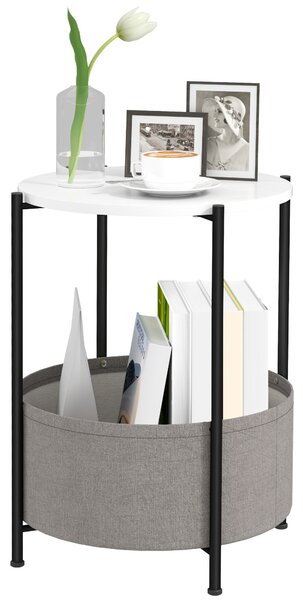 HOMCOM Kulatý Noční Stolík se Zásuvkou a Textilním Košem, Ocelový Konferenční Stolík do Obývacího Pokoje a Ložnice 44 x 44 x 56 cm Šedá+Bílá | Aosom