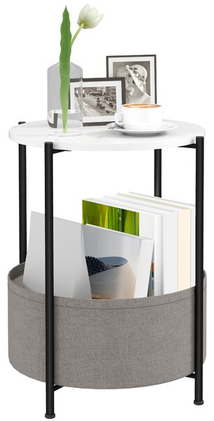 HOMCOM Kulatý Noční Stolík se Zásuvkou a Textilním Košem, Ocelový Konferenční Stolík do Obývacího Pokoje a Ložnice 44 x 44 x 56 cm Šedá+Bílá | Aosom