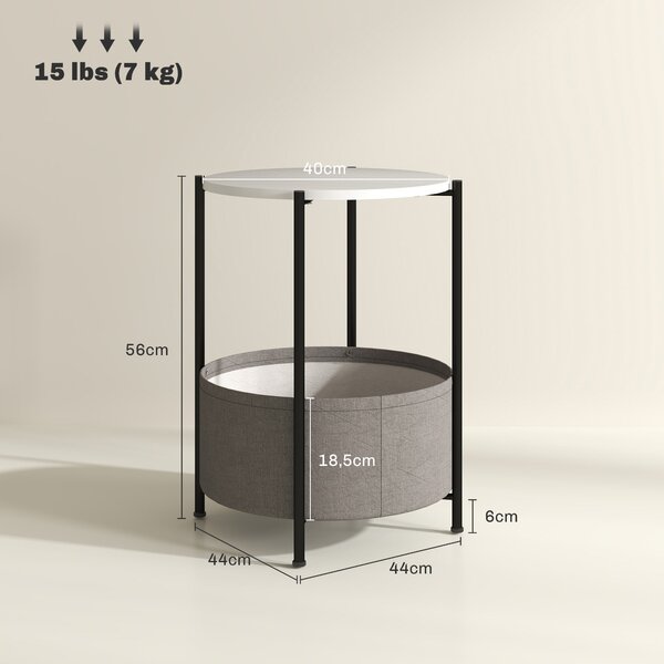 HOMCOM Kulatý Noční Stolík se Zásuvkou a Textilním Košem, Ocelový Konferenční Stolík do Obývacího Pokoje a Ložnice 44 x 44 x 56 cm Šedá+Bílá | Aosom