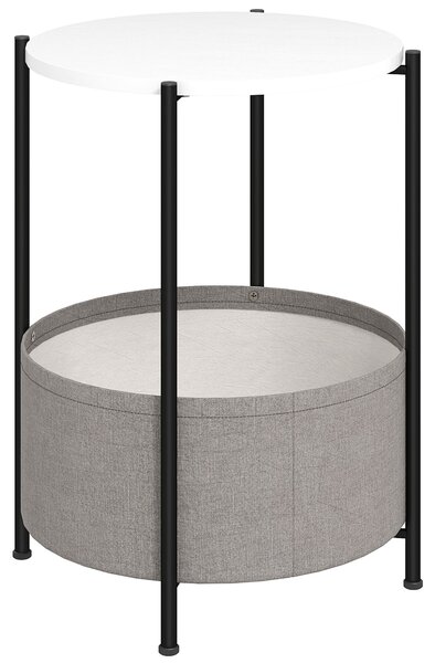 HOMCOM Kulatý Noční Stolík se Zásuvkou a Textilním Košem, Ocelový Konferenční Stolík do Obývacího Pokoje a Ložnice 44 x 44 x 56 cm Šedá+Bílá | Aosom