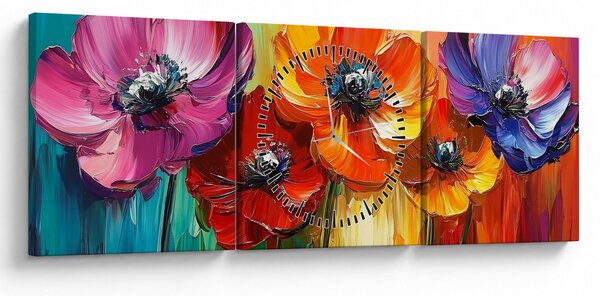 Obraz - Pět pestrobarevných květů (s hodinami) (90x30 cm)