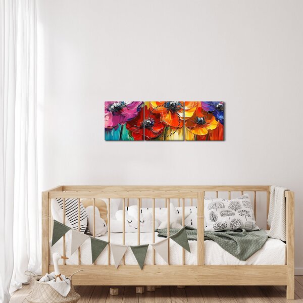 Obraz - Pět pestrobarevných květů (s hodinami) (90x30 cm)