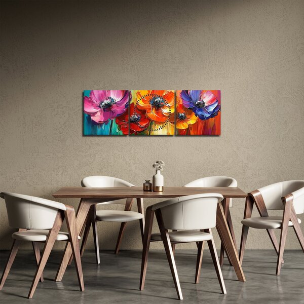 Obraz - Pět pestrobarevných květů (s hodinami) (90x30 cm)