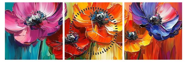 Obraz - Pět pestrobarevných květů (s hodinami) (90x30 cm)