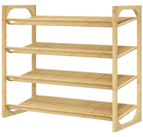 HOMCOM Botník, Stojan na boty se 4 úrovněmi z bambusu, pro max. 12 párů bot, policový botník s rukojetí do předsíně, ložnice, 76 x 33 x 67 cm, Přírodn