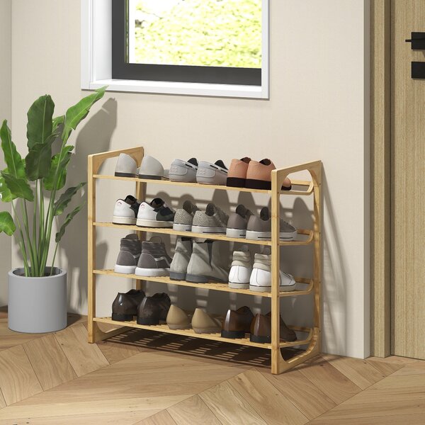 HOMCOM Botník, Stojan na boty se 4 úrovněmi z bambusu, pro max. 12 párů bot, policový botník s rukojetí do předsíně, ložnice, 76 x 33 x 67 cm, Přírodn
