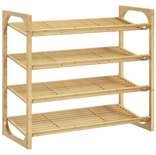HOMCOM Botník, Stojan na boty se 4 úrovněmi z bambusu, pro max. 12 párů bot, policový botník s rukojetí do předsíně, ložnice, 76 x 33 x 67 cm, Přírodn