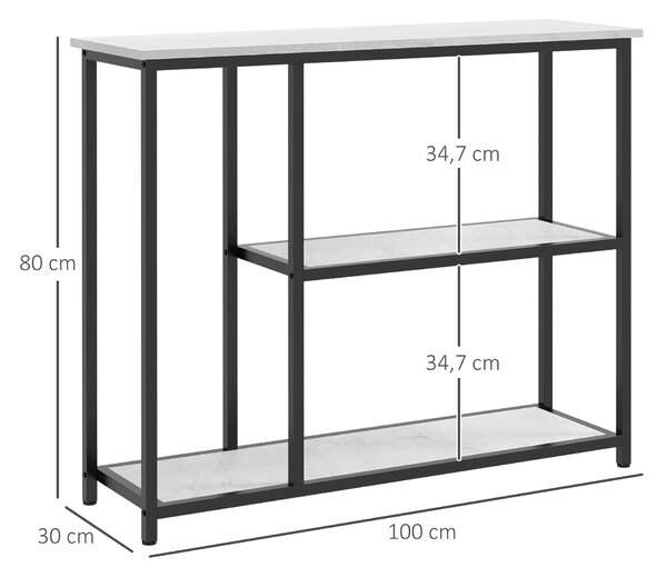 HOMCOM Konferenční stolek, Stůl do předsíně se 3 policemi, 100 x 30 x 80 cm, Boční stolek, Malý výstavní stolek pro malý prostor, Předsíň, Chodba, Obý