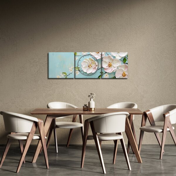 Obraz - Kvítky na modrém pozadí (s hodinami) (90x30 cm)