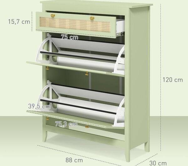 HOMCOM Skříň na boty se 2 skládacími dvířky a zásuvkou, sklopný botník s nastavitelnou policí pro 12 párů bot 88 x 30 x 120 cm, Zelená | Aosom