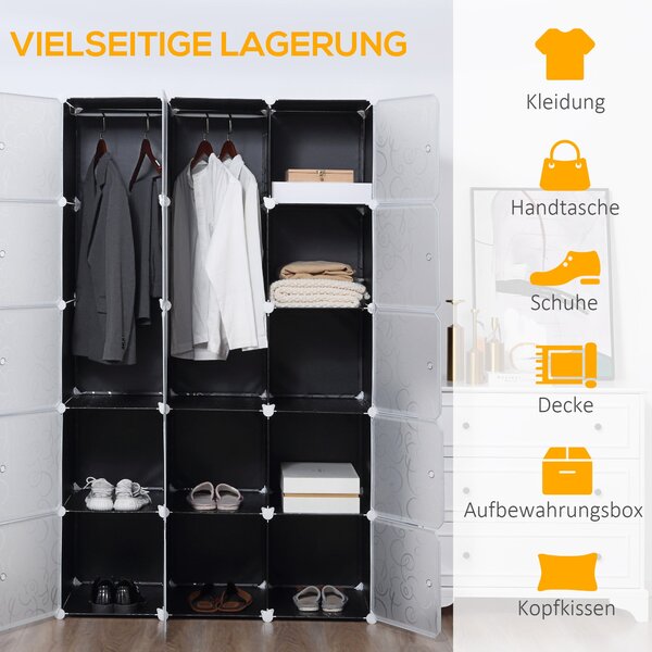 HOMCOM DIY systém polic pro šatníky s 2 velkými a 9 malými kostkami - DIY organizér, botník, úložný regál na knihy a hračky, černý 111 x 47 x 183 cm |