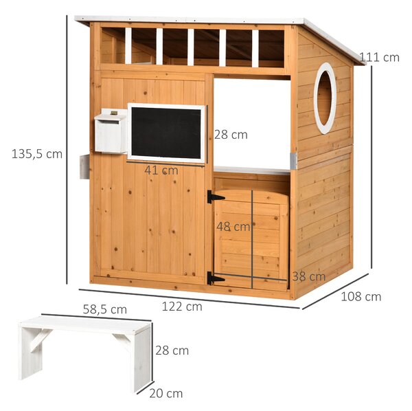 Dřevěný dětský domek Outsunny s oknem a schránkou na dopisy, venkovní zahradní domek s regálem na květináče, pro děti ve věku 3-8 let, borové dřevo, p