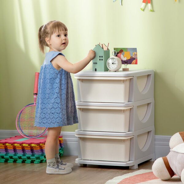 HOMCOM Dětská skříňka s šuplíky a úložným prostorem, organizér na hračky, toy chest, tři úrovně pro dětský pokoj 3-6 let, dětský nábytek, krémová 37 x