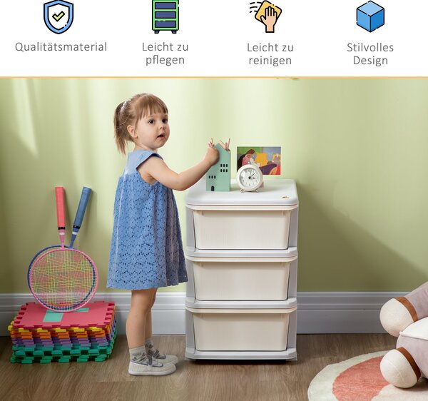 HOMCOM Dětská skříňka s šuplíky a úložným prostorem, organizér na hračky, toy chest, tři úrovně pro dětský pokoj 3-6 let, dětský nábytek, krémová 37 x